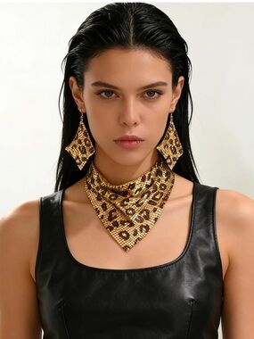 Anthropologie Gold and Black Leopard Sequin Bandana Necklace and Earrings